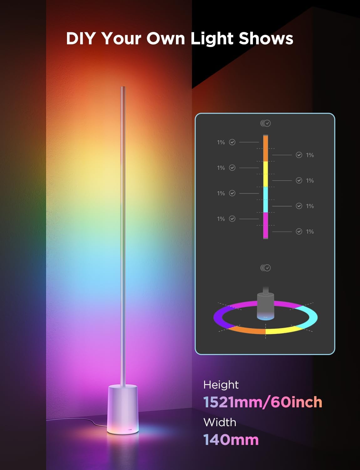 2026 2025 Lampadaire Govee 2 avec Matter, LED RGBIC, Blanc Chaud et Froid, Compatible Alexa, 1725 lm, Synchronisation Musique, Modes Scènes, Lampadaire Intelligent pour Salon et Chambre, Noir (1 Pièce)