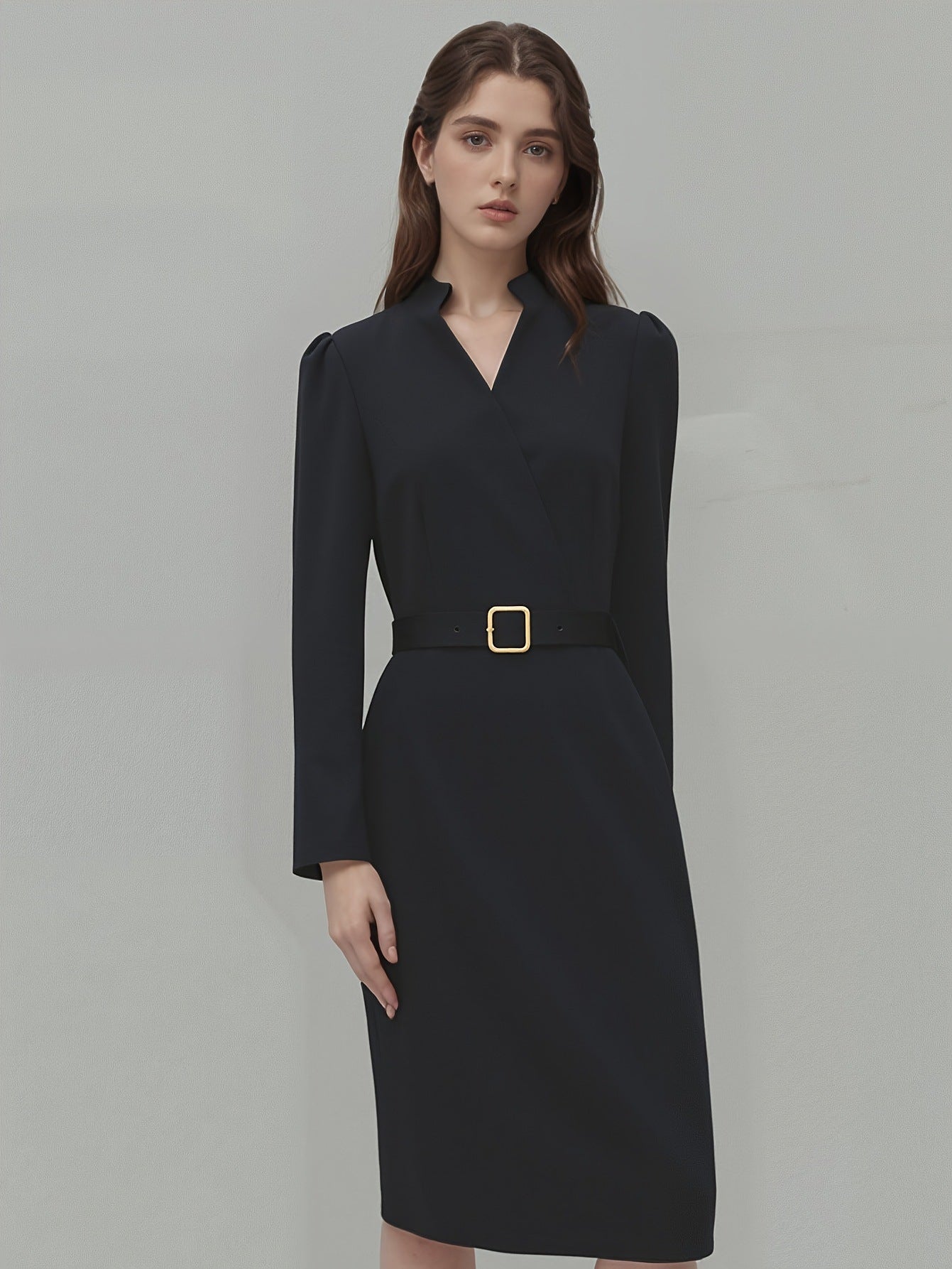 Robe coupe ajustée col V manches longues bureau pour femme