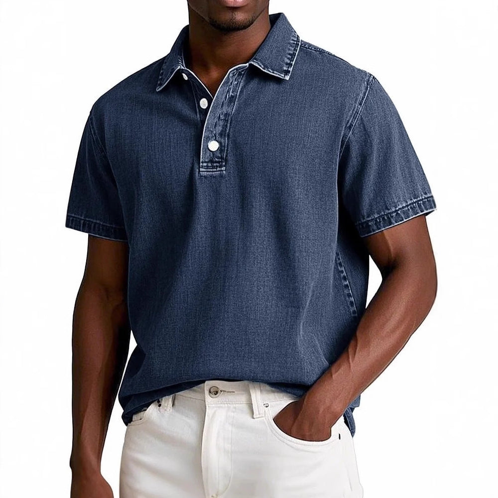 Polo couleur unie vintage manches courtes à revers décontracté pour homme
