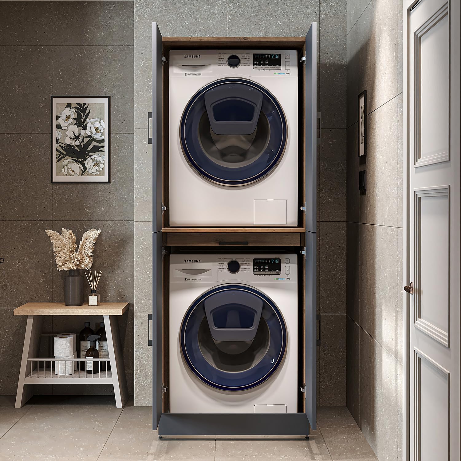 2026 ROOMART Dora Armoire de machine à laver, pour sèche-linge et machine à laver, en 4 couleurs, avec portes et planche coulissante (chêne anthracite)