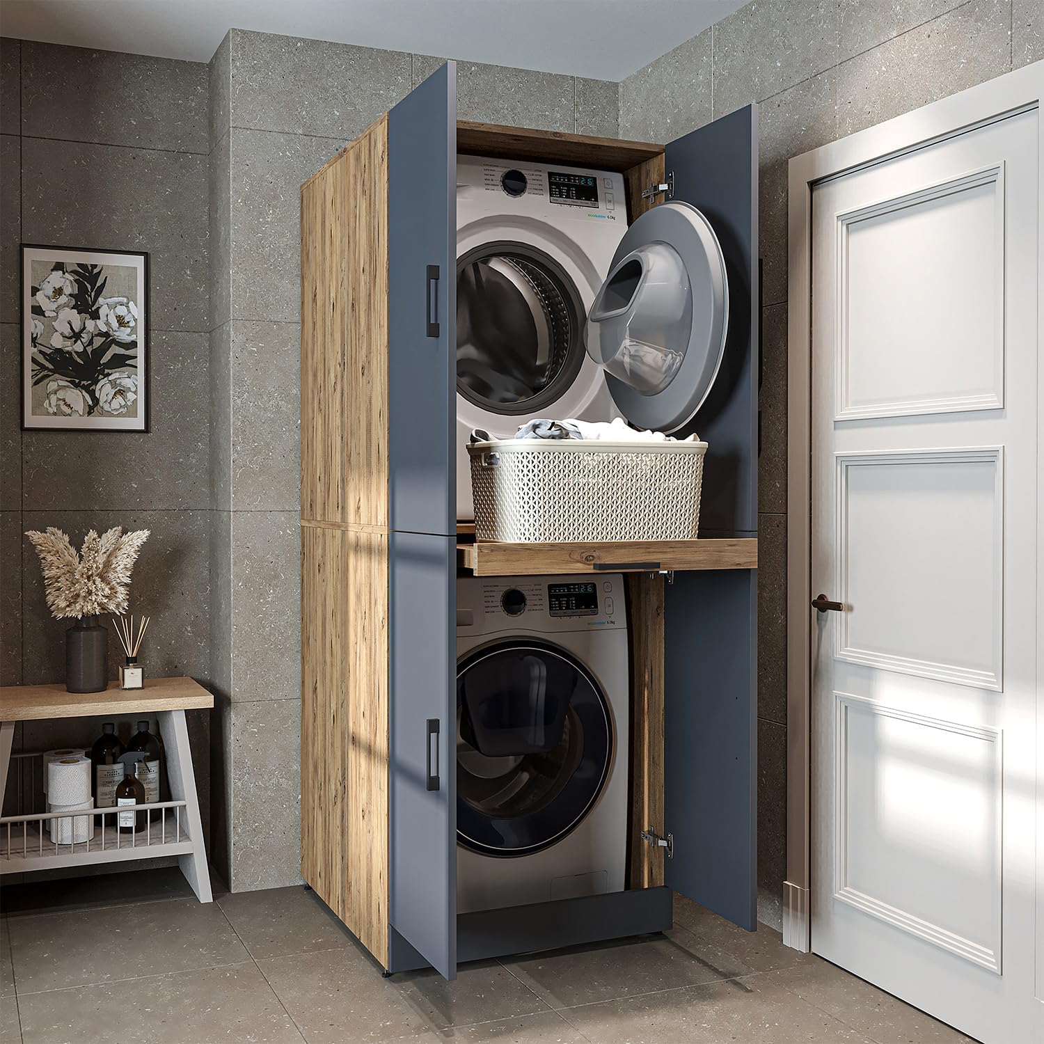 2026 ROOMART Dora Armoire de machine à laver, pour sèche-linge et machine à laver, en 4 couleurs, avec portes et planche coulissante (chêne anthracite)