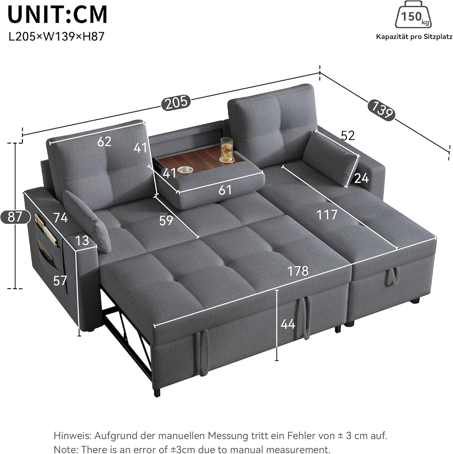 2026 Canapé Convertible en Forme de L,canape lit 2 Places Convertible Gris,canapé 3 Places lit gigogne avec Fonction Couchage,équipé d'un Espace de Rangement