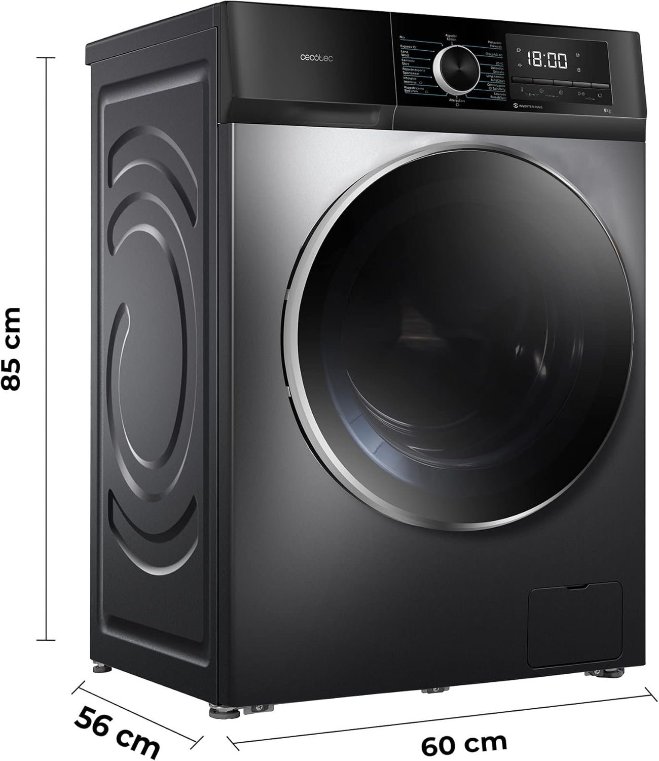 2026 Cecotec Bolero Dresscode 10500 Inverter Steel A. Lave-linge 10 kg Steel, 1400 tr/min, Moteur Inverter Plus, Vapeur, Classe A.