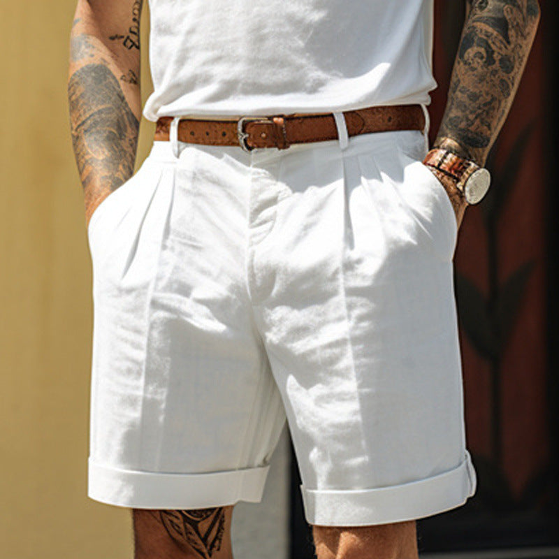 Short plissé poche jambes droites été en coton et lin ample pour homme