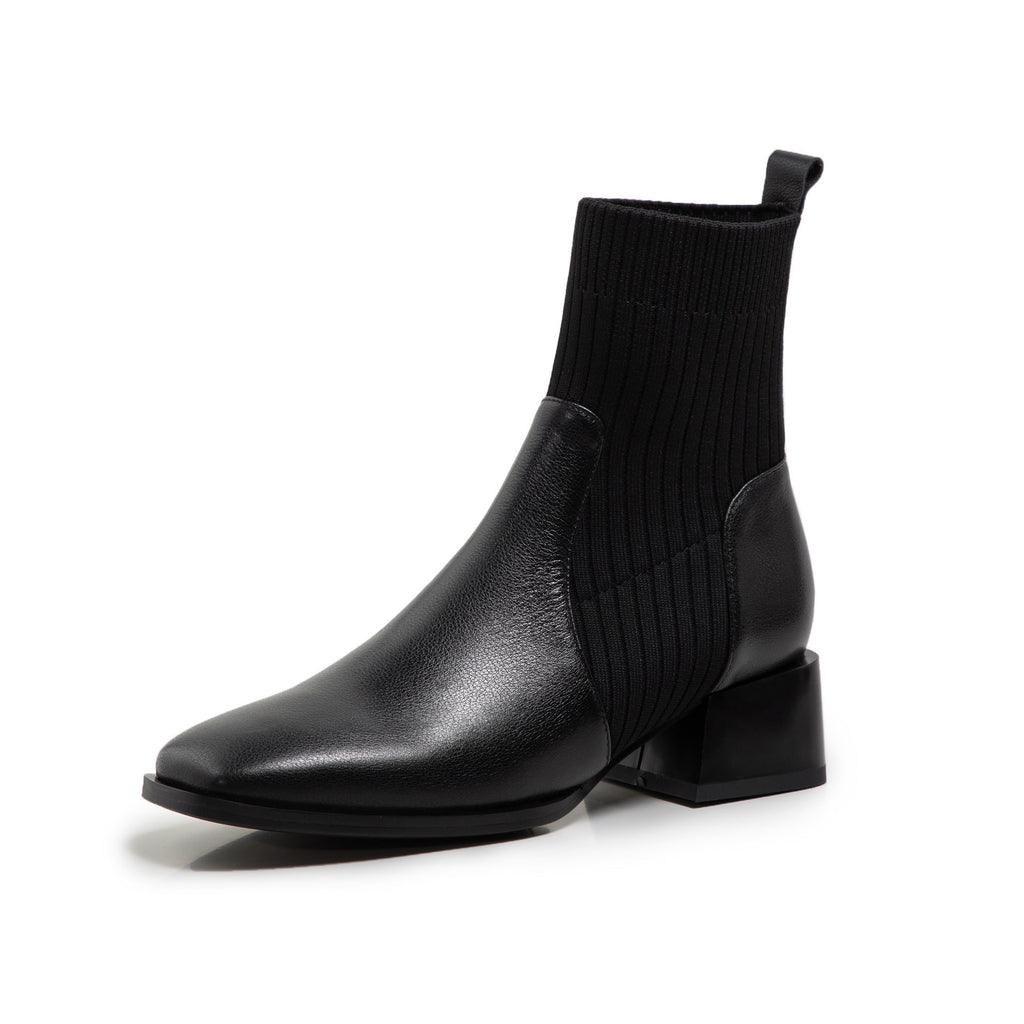 Bottines cuir de vachette socks tricoté fin bout carré mi-long martin pour femme