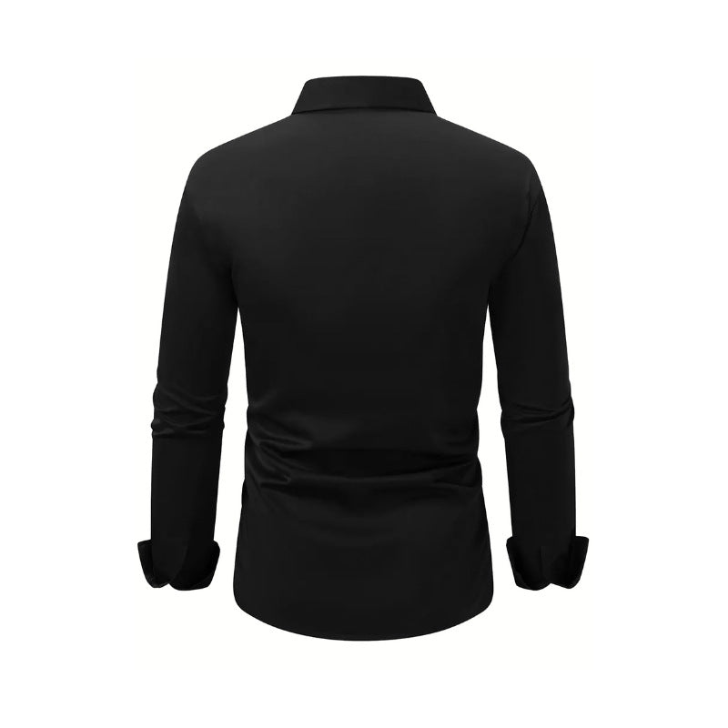 Men's solid color button-down long sleeve summer lapel shirt by LAKD, shown in a relaxed fit with a classic collar and sleek design.