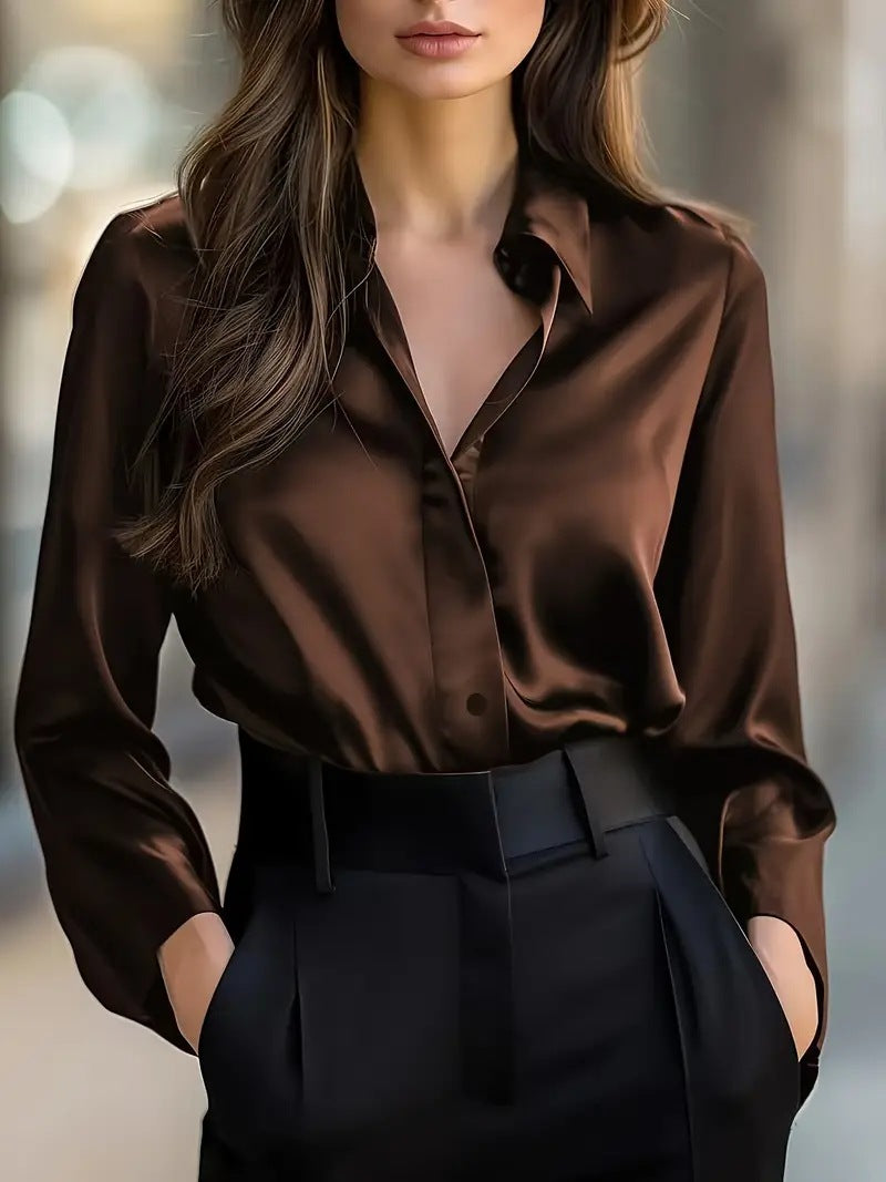 Chemisier élégant satin manches longues boutonné up brillant bureau pour femme
