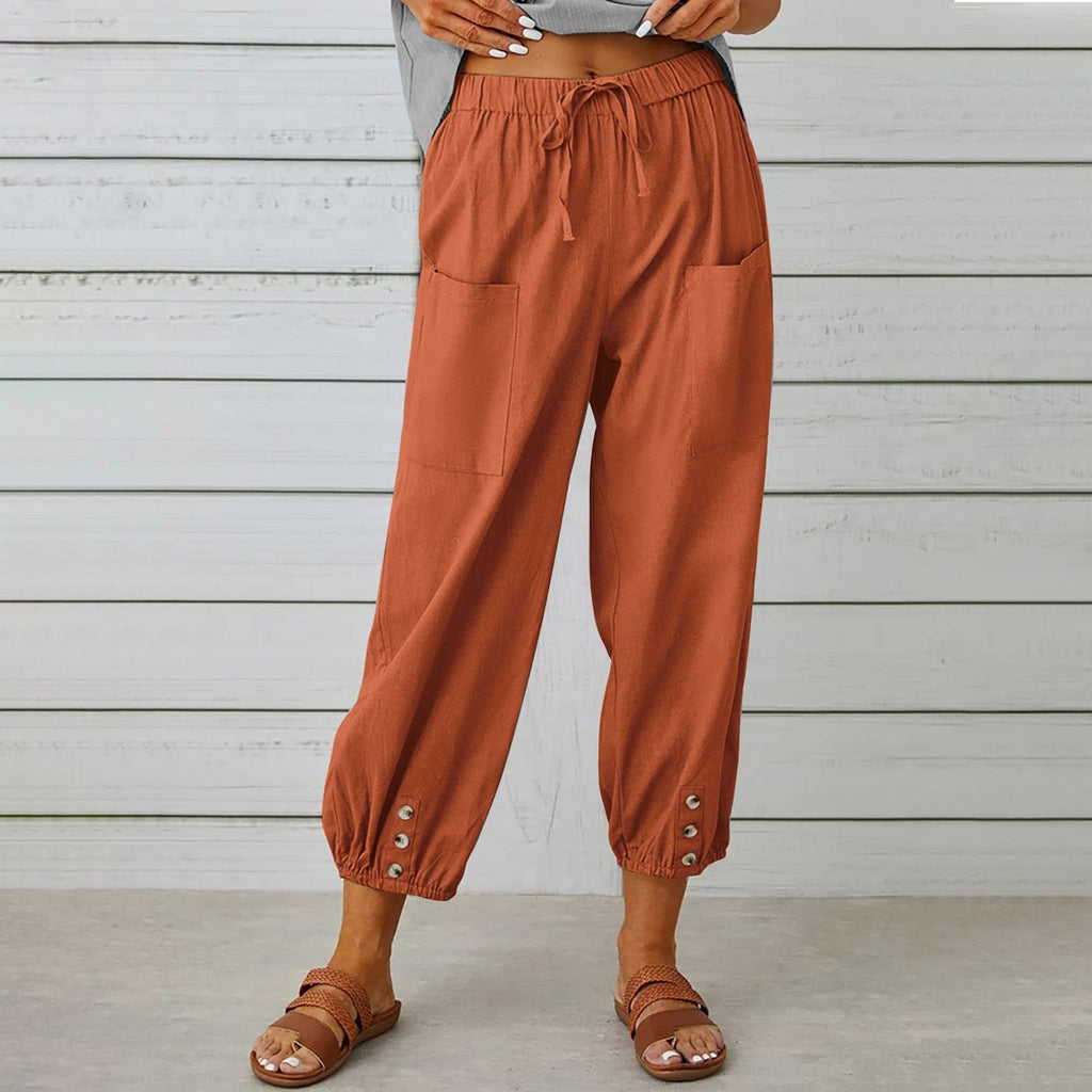 Pantalon à cordon à nouer en coton et lin poches décontracté pour femme