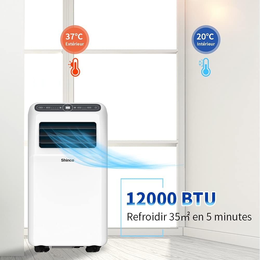2026 SHINCO Climatiseur mobile, 7000 BTU 2,05kW, Refroidir&Ventilation&Déshumidification, taille de la pièce jusqu'à 54m³(18㎡), Climatiseur mobile avec tuyau d'évacuation et tuyau de vidange, mode sommeil
