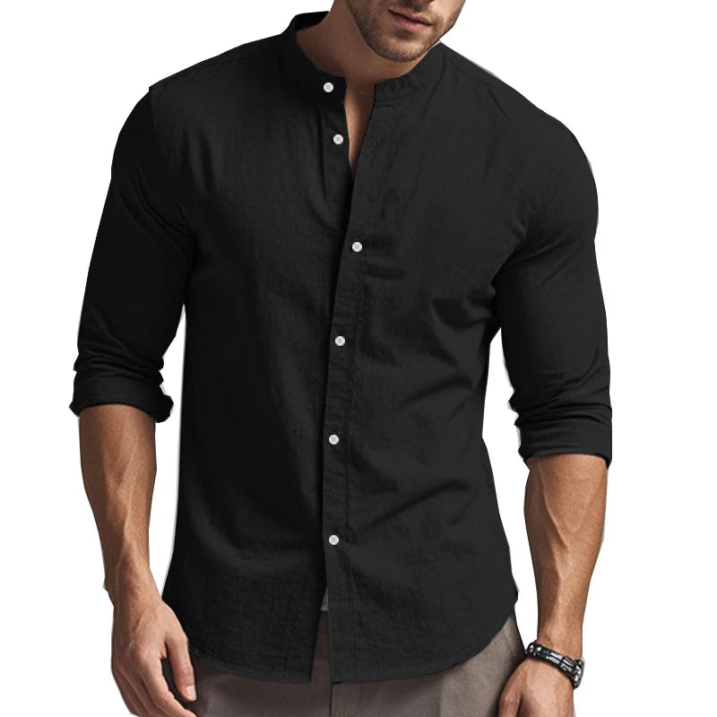2026 Men's Casual Cotton Standing Collar Long Sleeve Summer Shirt Breathable