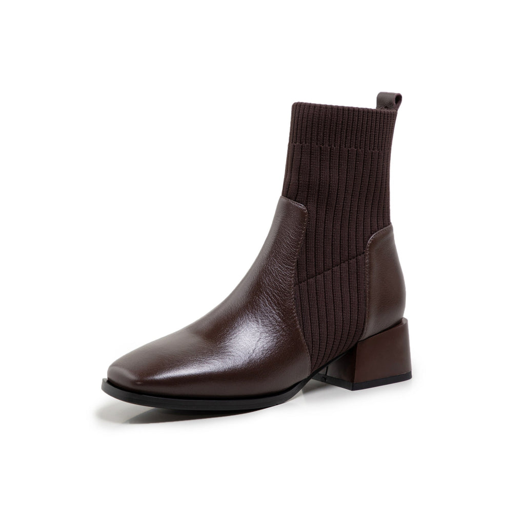 Bottines cuir de vachette socks tricoté fin bout carré mi-long martin pour femme