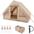 2026 Tente de Camping Gonflable 6 m² pour 4-6 Personnes Tente en Coton Coupe-vent et Imperméable avec Pompe 7 Fenêtres à Moustiquaire Beige