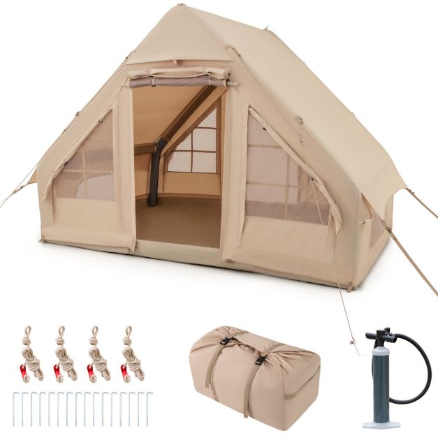 2026 Tente de Camping Gonflable 6 m² pour 4-6 Personnes Tente en Coton Coupe-vent et Imperméable avec Pompe 7 Fenêtres à Moustiquaire Beige