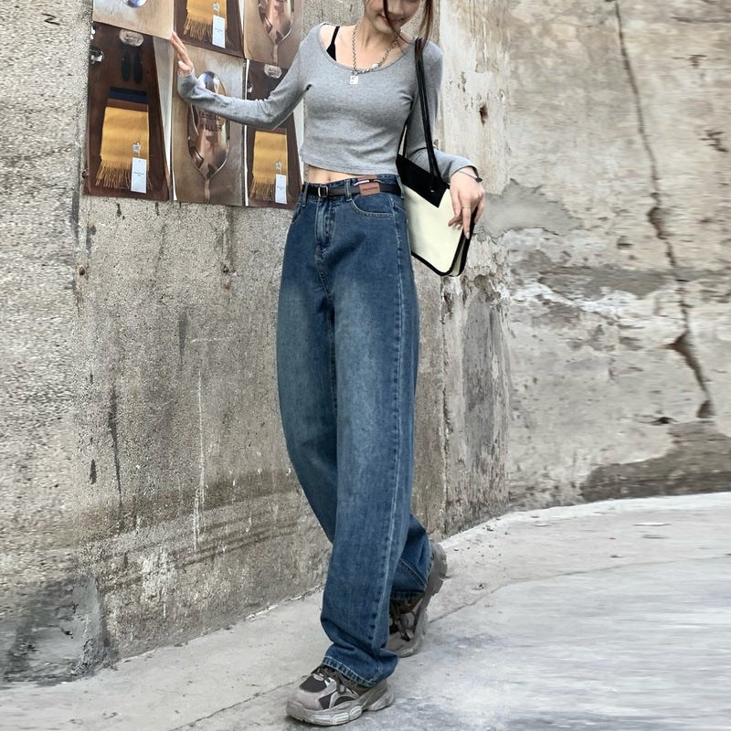 Jean rétro taille haute ample baggy droit en denim pour femme