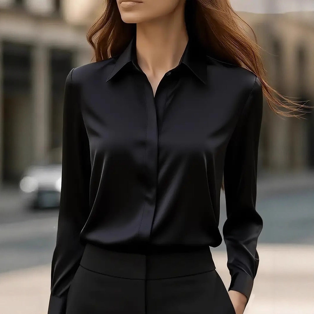 Chemisier tailleur satin à revers manches longues habillé bureau pour femme