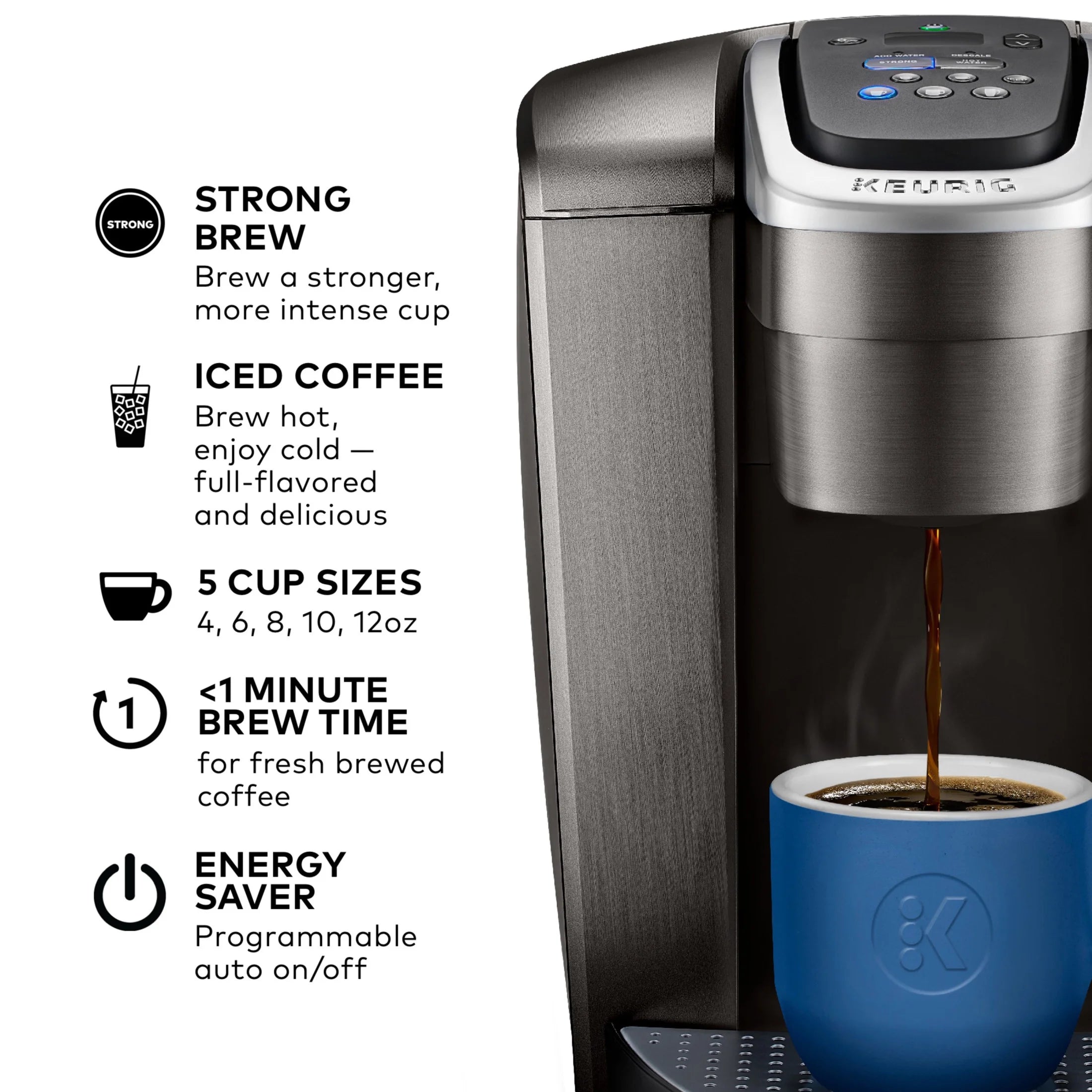 2026 2025 Keurig K-Elite – Machine à Café à Dosettes K-Cup à Portion Unique, Finition Brossée Slate, Programmable pour Café Chaud et Glacé