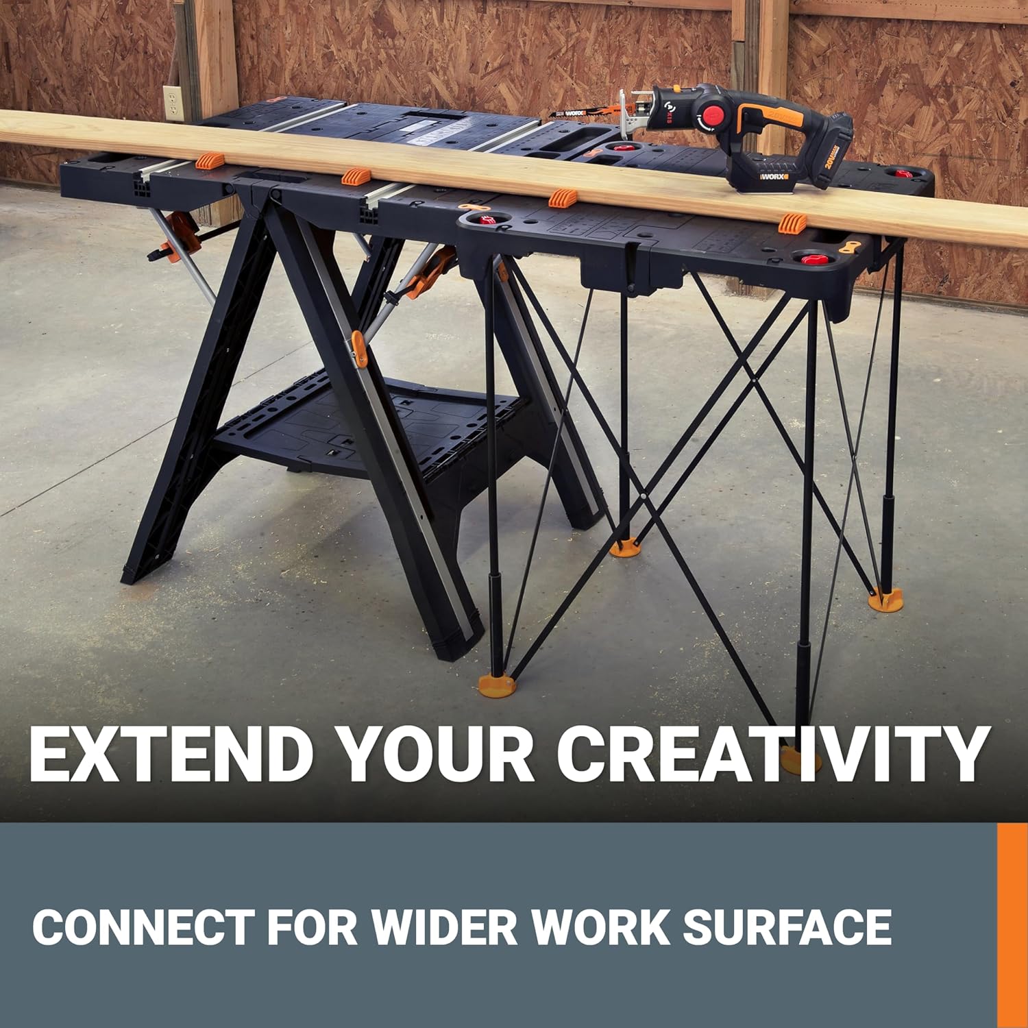 2026 2025 Table de Travail et Chevalet Pliant 2-en-1 Worx Pegasus, Banc de Travail Portable Facile à Installer, 31" L x 25" P x 32" H, Léger avec Haute Capacité de Charge, WX051 - Inclut 2 Serres et 4 Brides