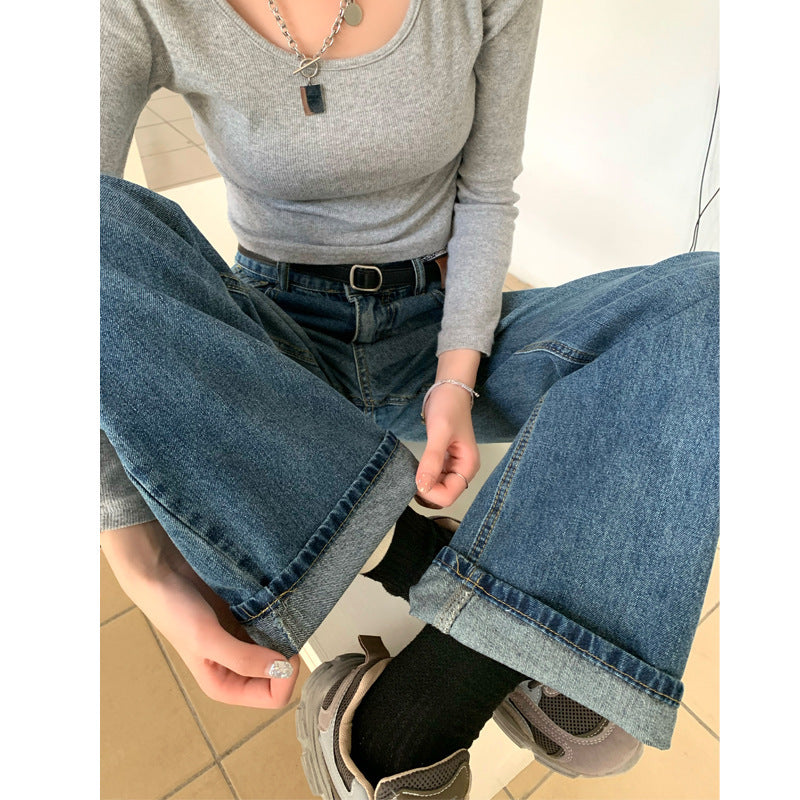 Jean rétro taille haute ample baggy droit en denim pour femme