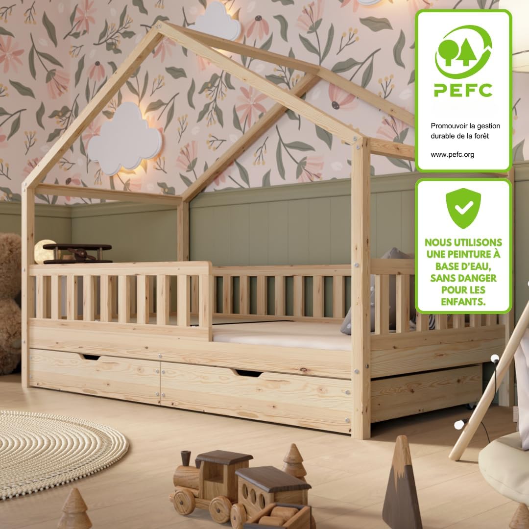 2026 Lit cabane Crazy Pine Crazy House avec tiroirs 190 x 90 cm &ndash; Lit enfant en bois naturel avec barri&egrave;re &ndash; Lit Montessori au sol avec rangement suppl&eacute;mentaire et barri&egrave;re amovible