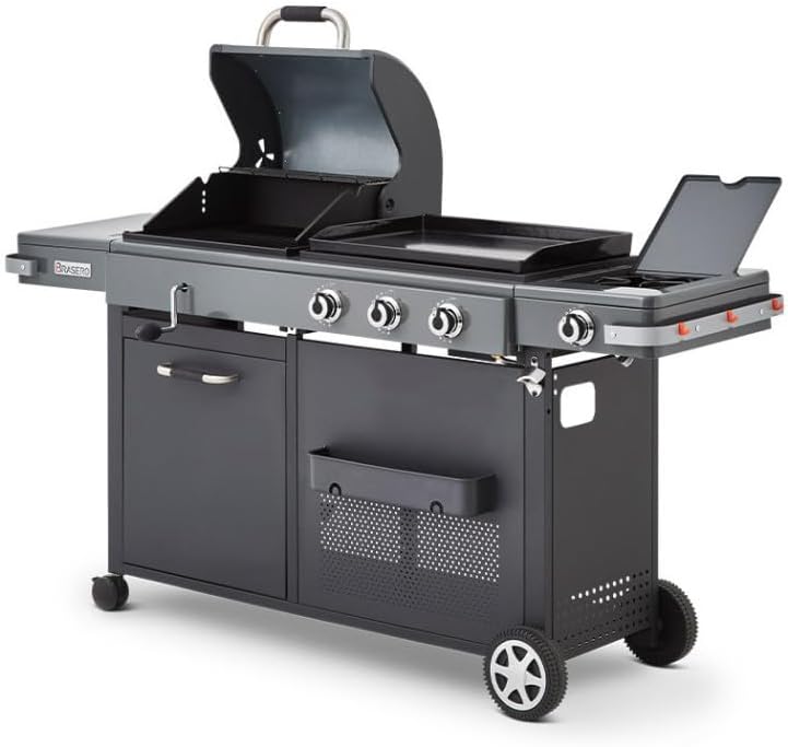 2026 Barbecue Bi-Energy Gun Metal XL - Barbecue Charbon et Plancha 60 x 42 cm à gaz avec brûleur latéral -12,95 KW