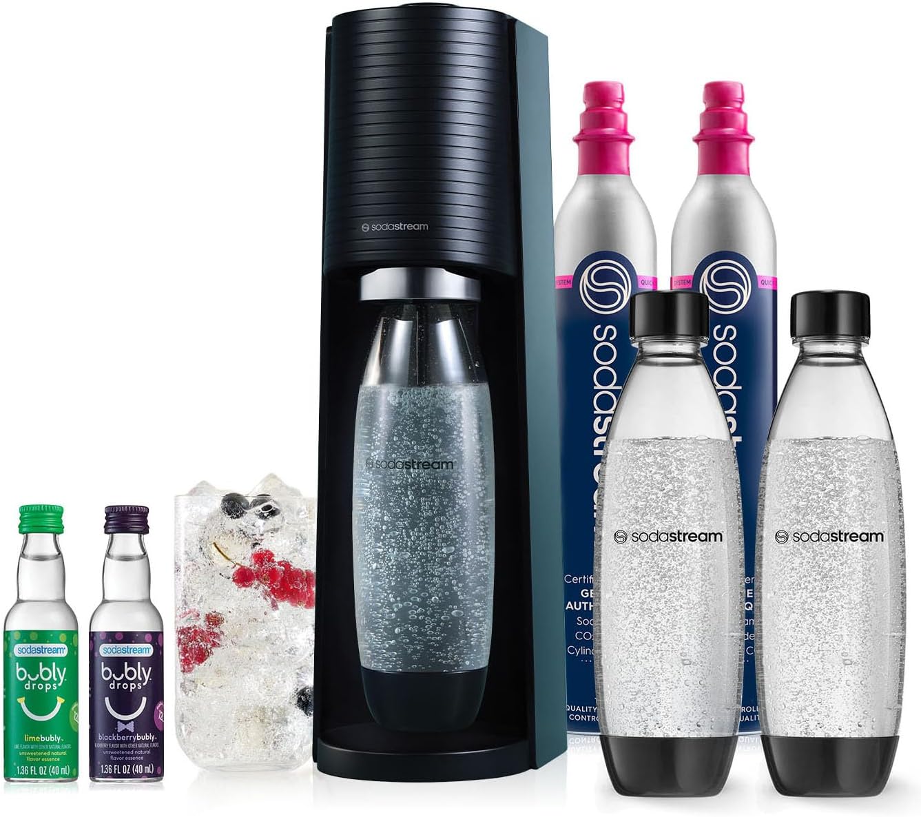 2026 2025 SodaStream Terra Machine à Eau Pétillante Bundle (Noir), avec CO2, Bouteilles Compatibles Lave-Vaisselle et Arômes Bubly Drops