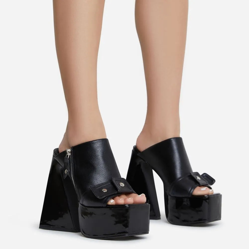 Womens Square Toe Exposed Color Blocked Chunky Super High Heels - LAKD London