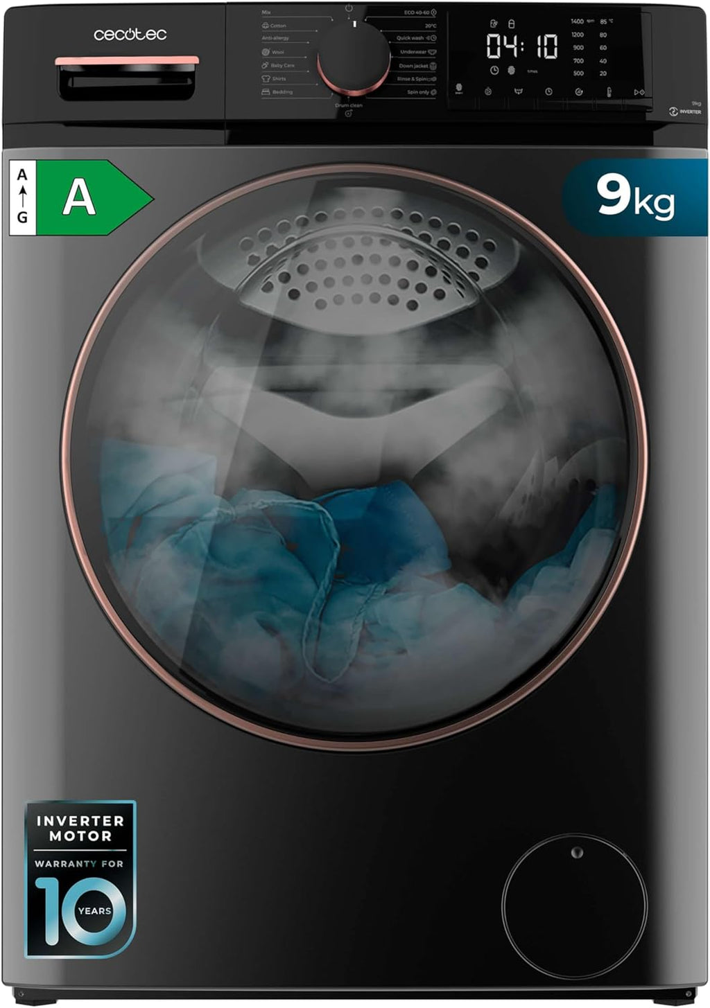 2026 Cecotec Lave-linge 10Kg Bolero DressCode 10610 Inverter Steel A. Chargement Frontale, 1400 RPM, Steam Max, Motor Inverter Plus, 15 Programmes, OnSmart, Stop&Go, Caoutchouc Antibactérien, Drum Clean