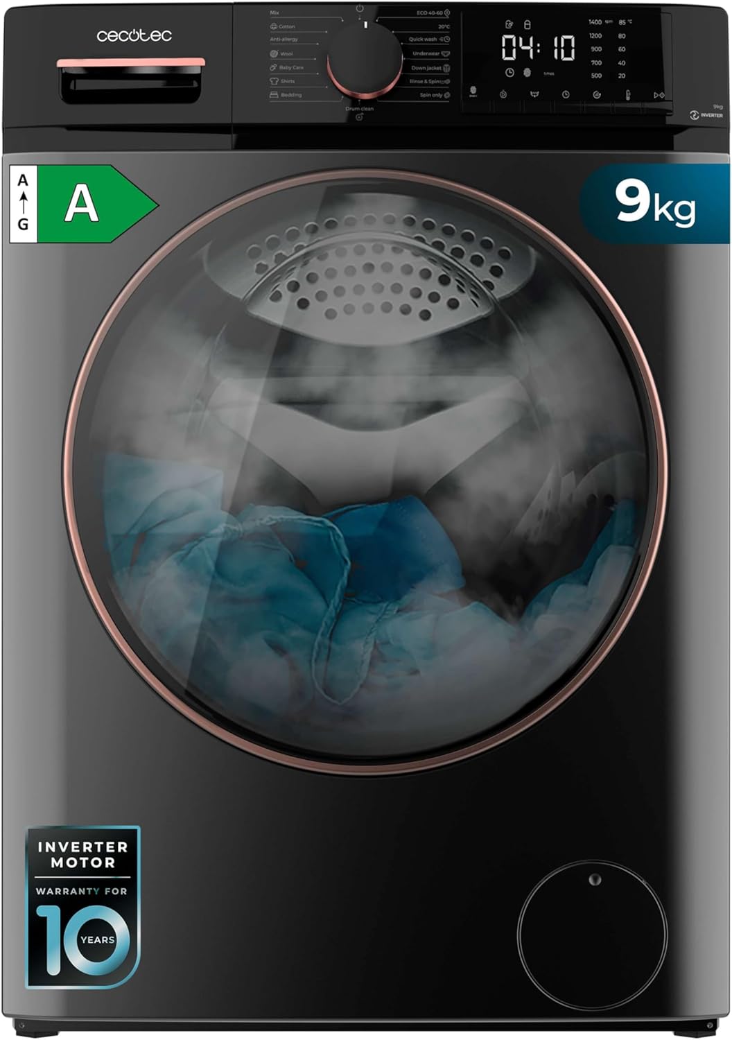 2026 Cecotec Lave-linge 10Kg Bolero DressCode 10610 Inverter Steel A. Chargement Frontale, 1400 RPM, Steam Max, Motor Inverter Plus, 15 Programmes, OnSmart, Stop&Go, Caoutchouc Antibactérien, Drum Clean