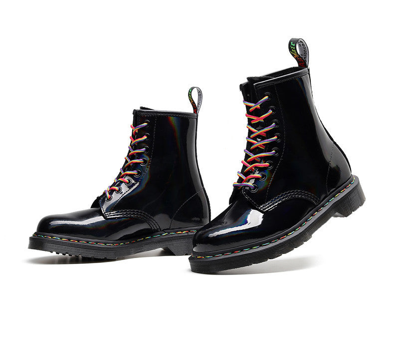 Women's High-top Glossy Martin Boots - Round Head Mirror Laser Military Boots - LAKD London