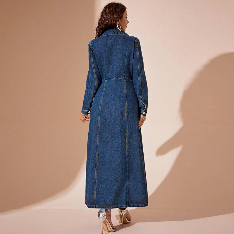 Doudoune en denim boutonné maxi décontracté style urbain pour femme