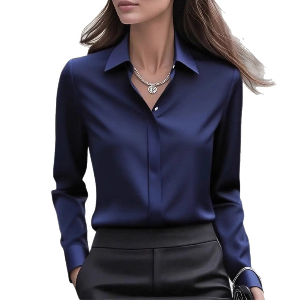 Chemisier tailleur satin à revers manches longues habillé bureau pour femme