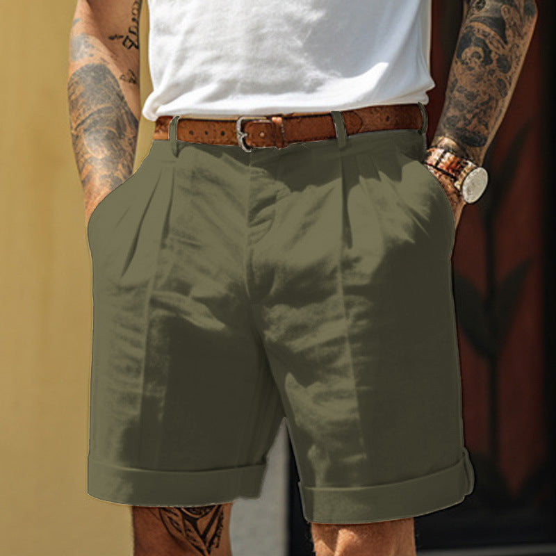 Short plissé poche jambes droites été en coton et lin ample pour homme