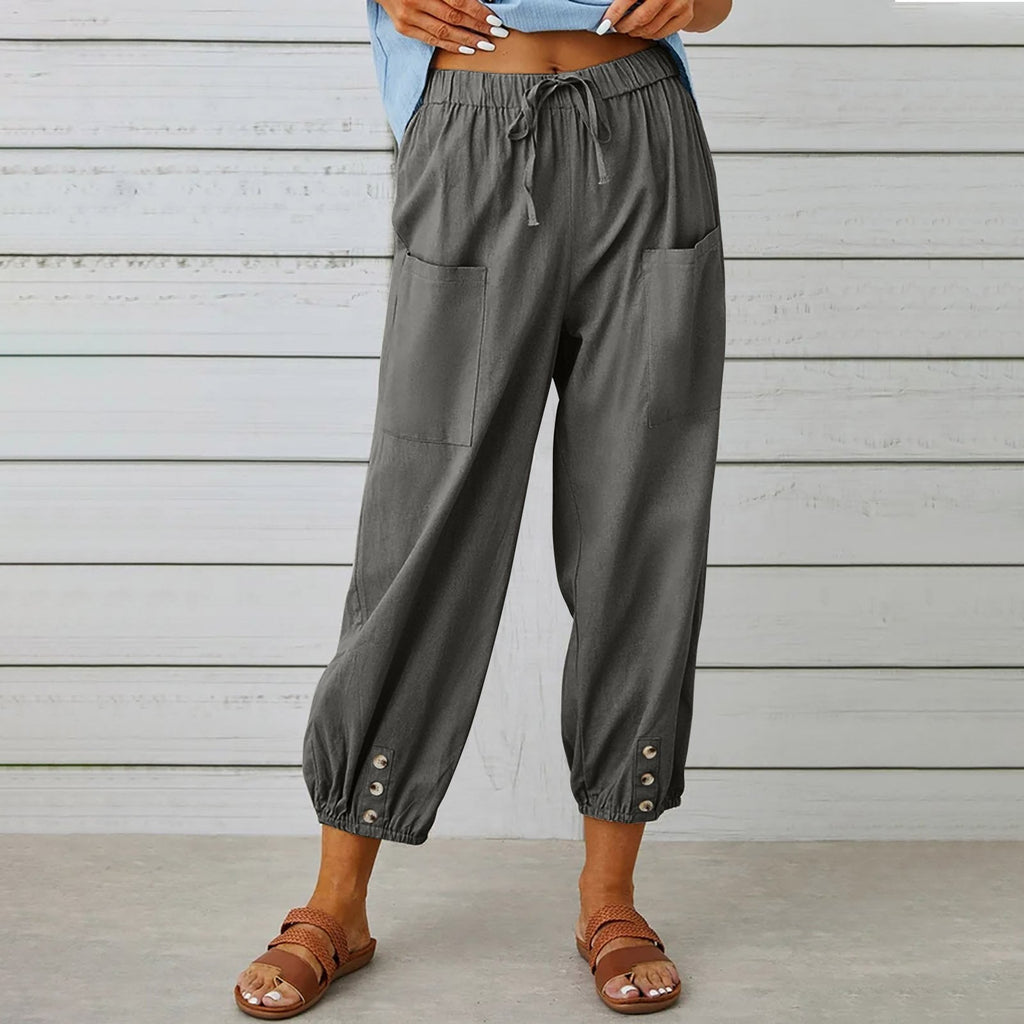 Pantalon à cordon à nouer en coton et lin poches décontracté pour femme