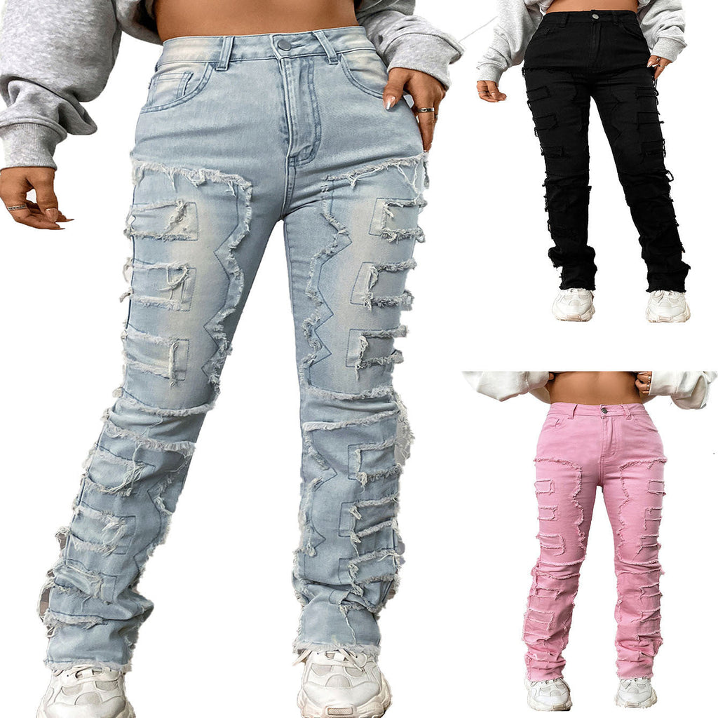 Women's Embroidered Straight Leg Jeans Mid Rise Denim Trousers Casual - LAKD London
