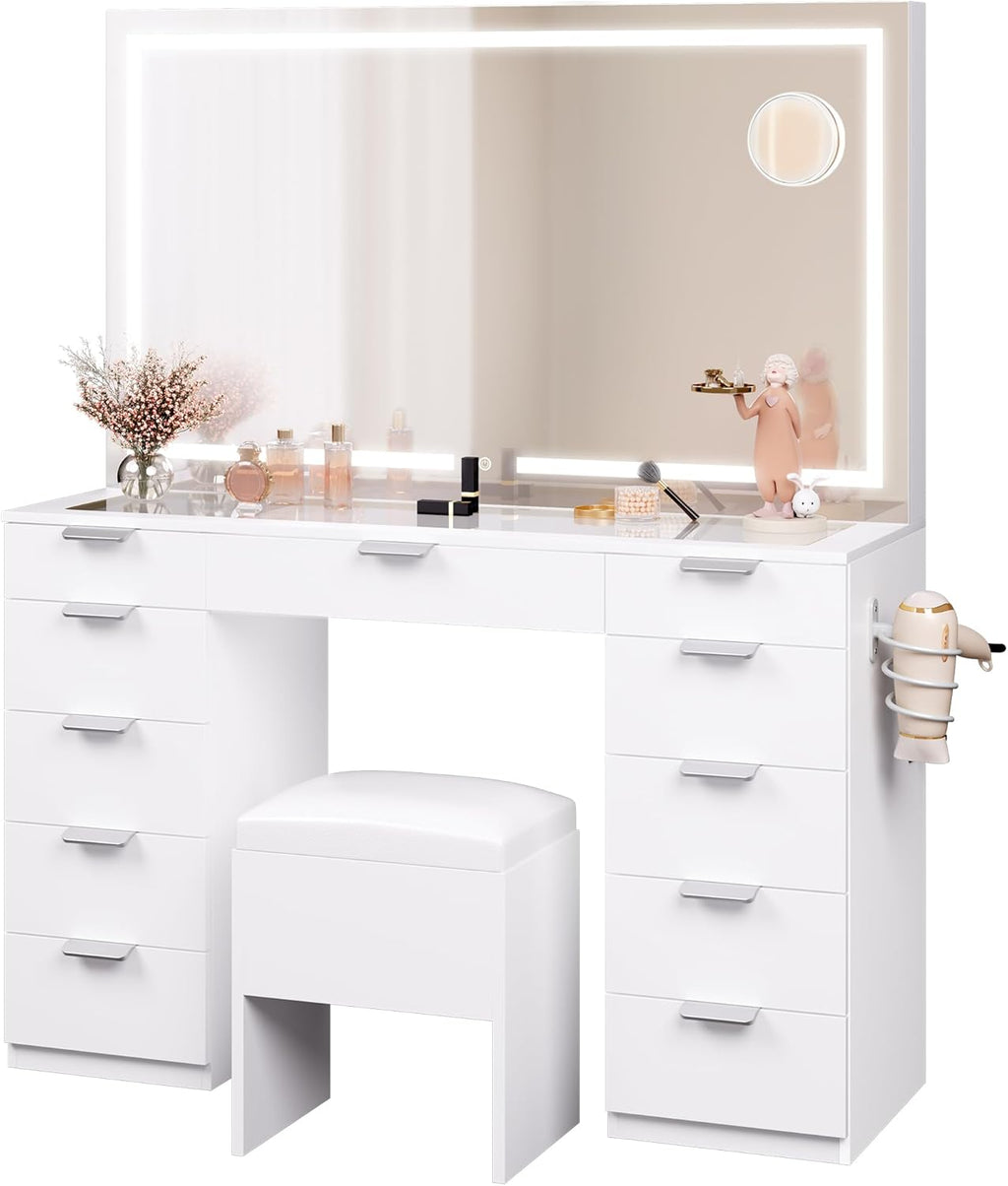2026 Grande Coiffeuse avec éclairage LED réglable et Prises électriques, Coiffeuse avec Miroir, Toit en Verre Transparent, 11 tiroirs et Tabouret, Blanc