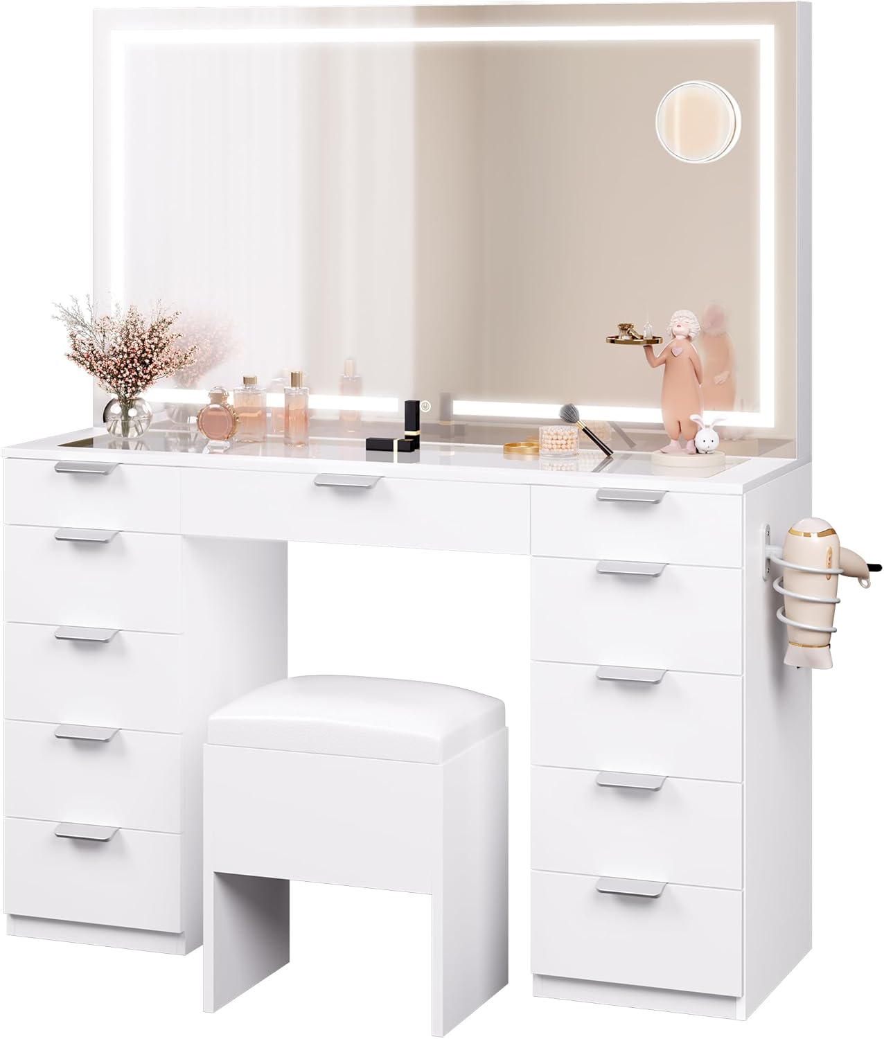2026 Grande Coiffeuse avec éclairage LED réglable et Prises électriques, Coiffeuse avec Miroir, Toit en Verre Transparent, 11 tiroirs et Tabouret, Blanc