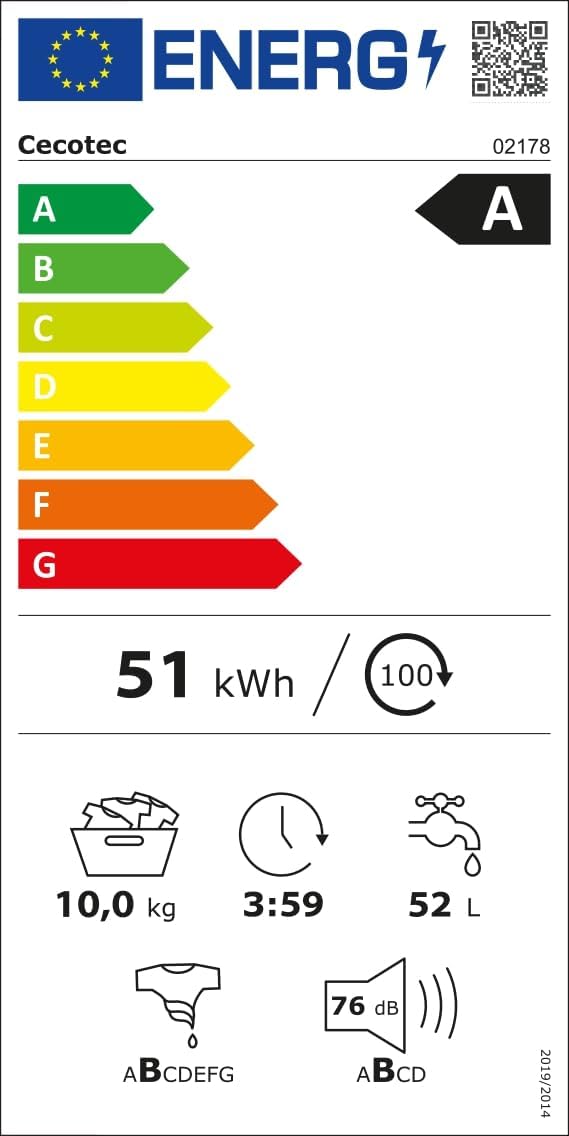 2026 Cecotec Lave-Linge 9Kg Chargement Frontal Bolero Dresscode 9410 Inverter A. 1900W, 1400 tr/min Réglable, 16 Programmes, Faible Consommation d'Énergie, Vapeur, Stérilisation du Linge