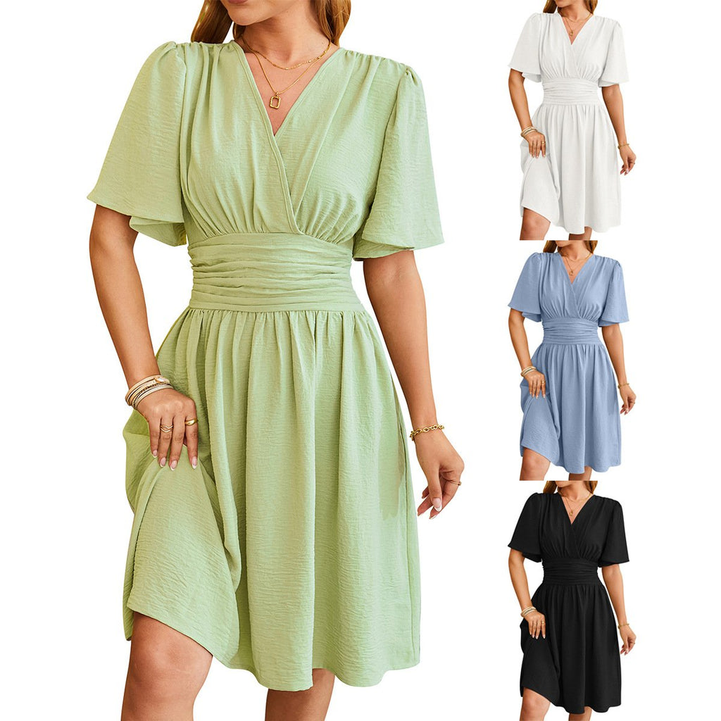 Robe col V bell manches court été élégant décontracté pour femme