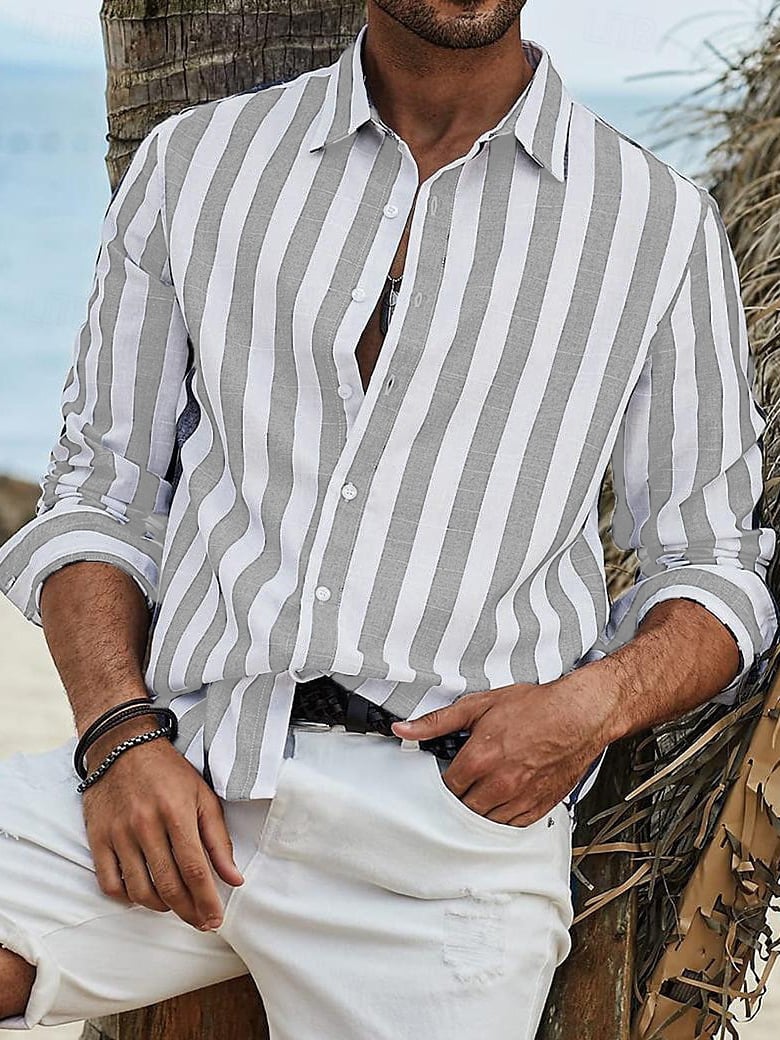 Chemise rayé manches longues en coton été décontracté respirant pour homme