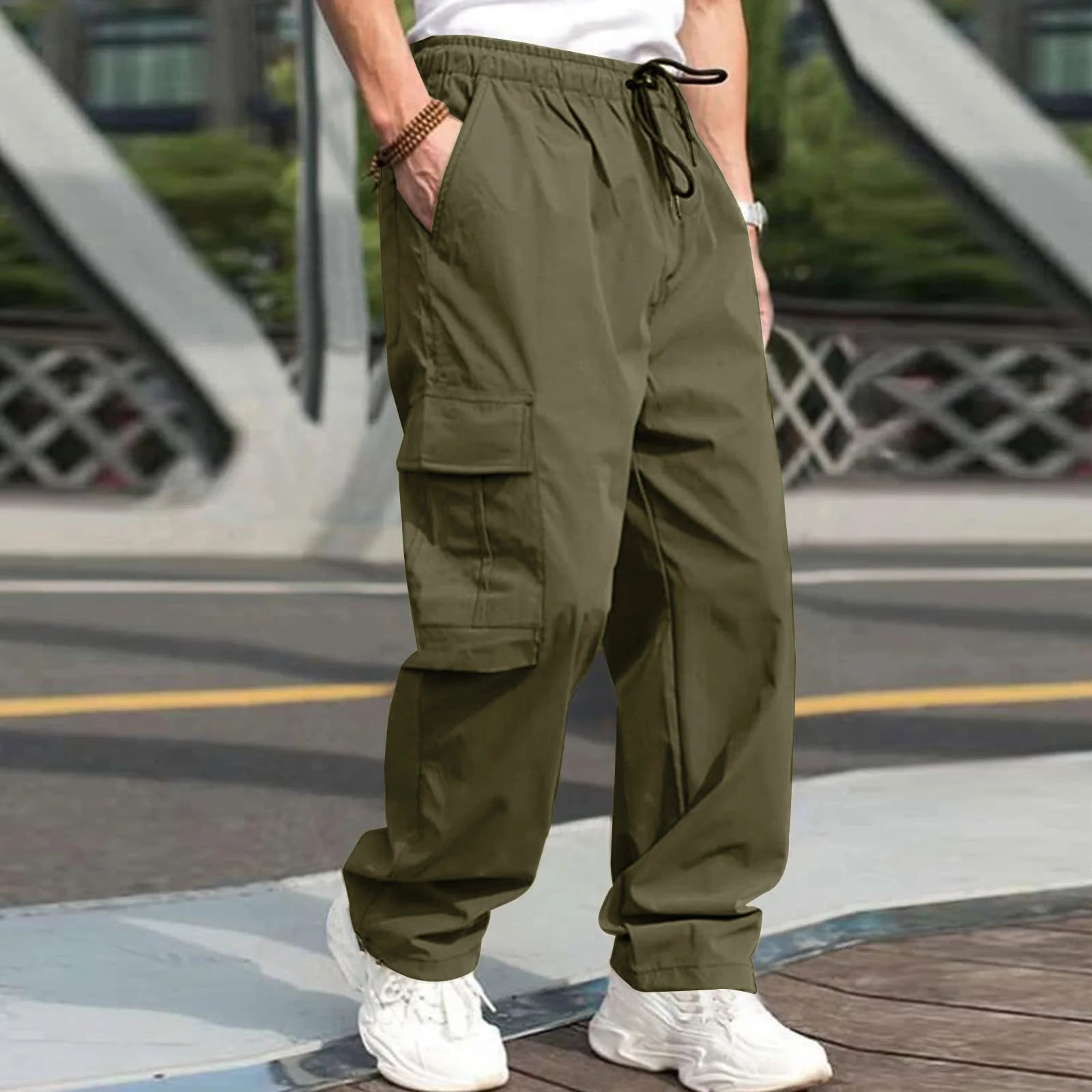 2026 Men's Casual Straight Cargo Trousers Drawstring Waist Pockets Style Everyday