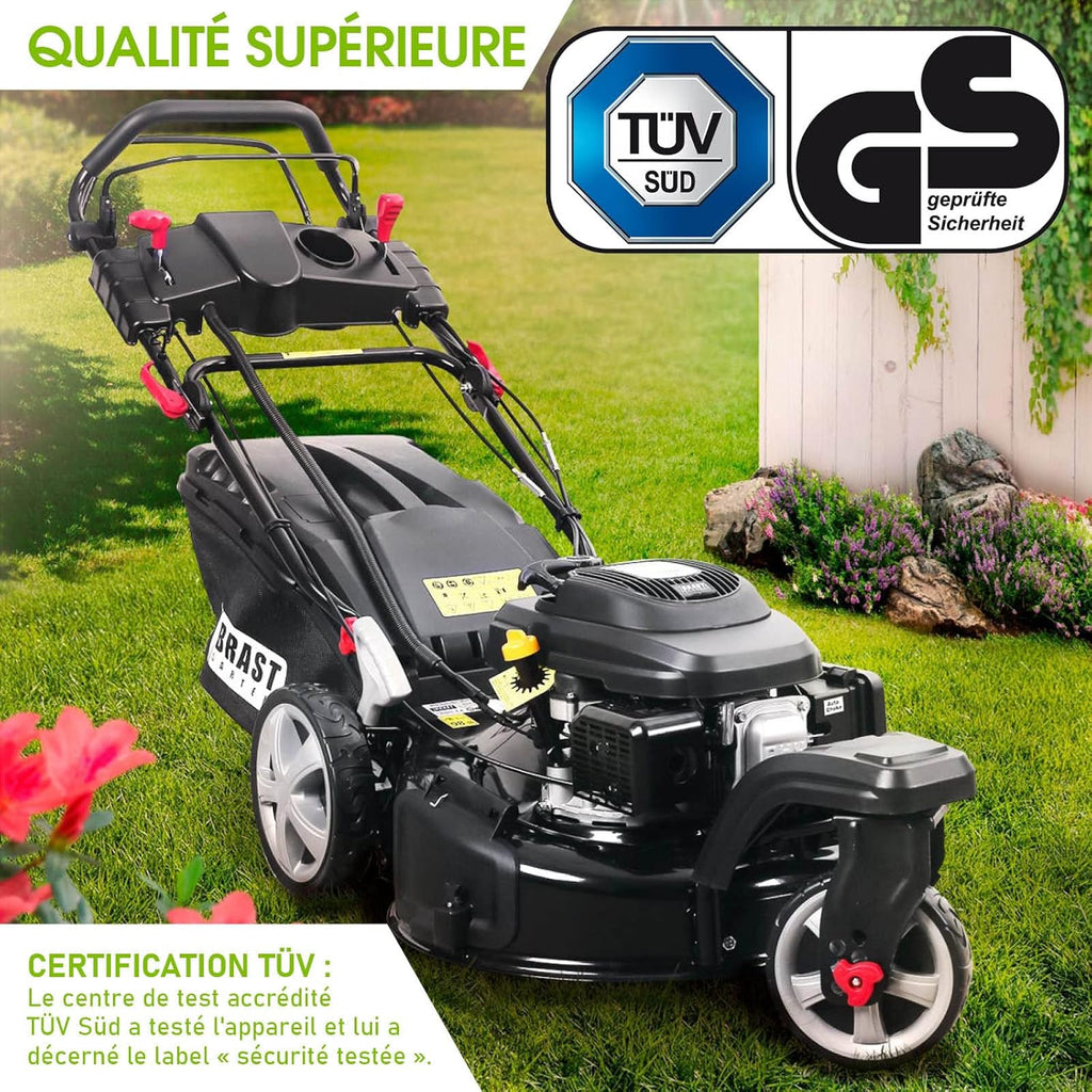 2026 BRAST tondeuse thermique 3 roues TRIKE E-START 224cc 53cm tractée démarrage électrique mulching 4en1 capot en tôle en acier 60l - moteur 4 temps de la marque française GT reglable