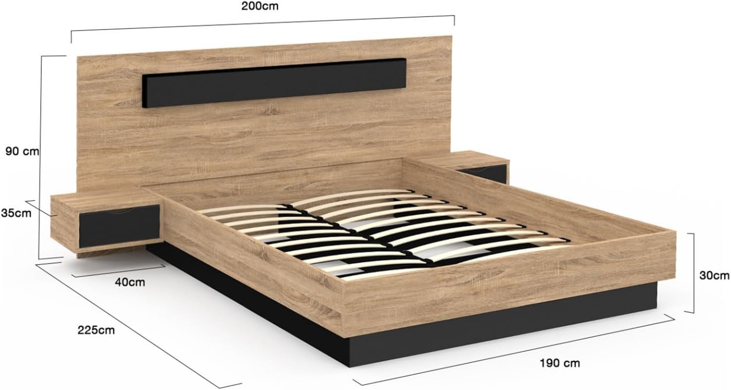 2026 Lit Coffre Santa avec Tables de chevets intégrées et sommier 140x190cm Couleur Bois et Noir