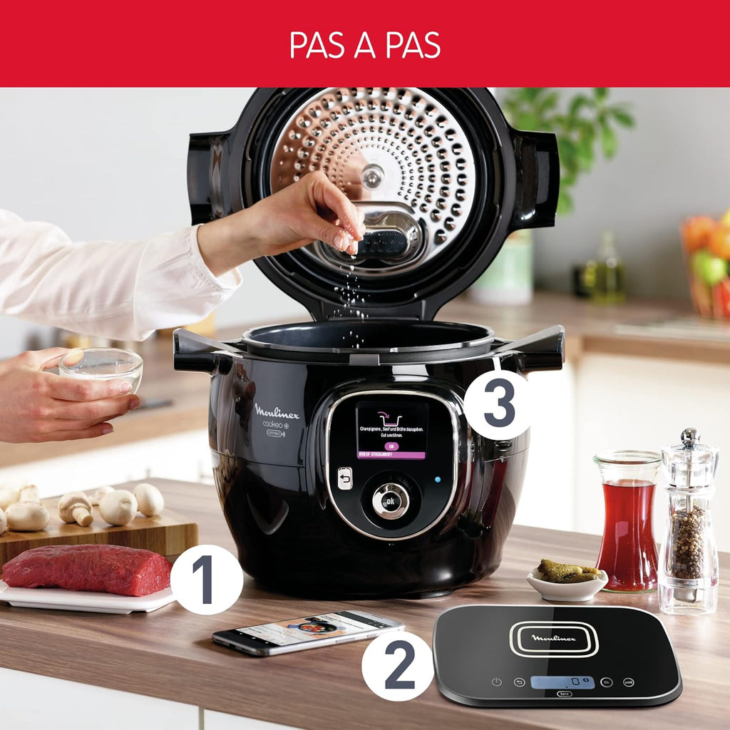 2026 Connect Multicuiseur Intelligent Haute Pression Balance et Moule Inclus 6L 200 Recettes 6 Modes de Cuisson Guide Pas à Pas Application Mon Cookeo CE859800, 6 liters, Noir
