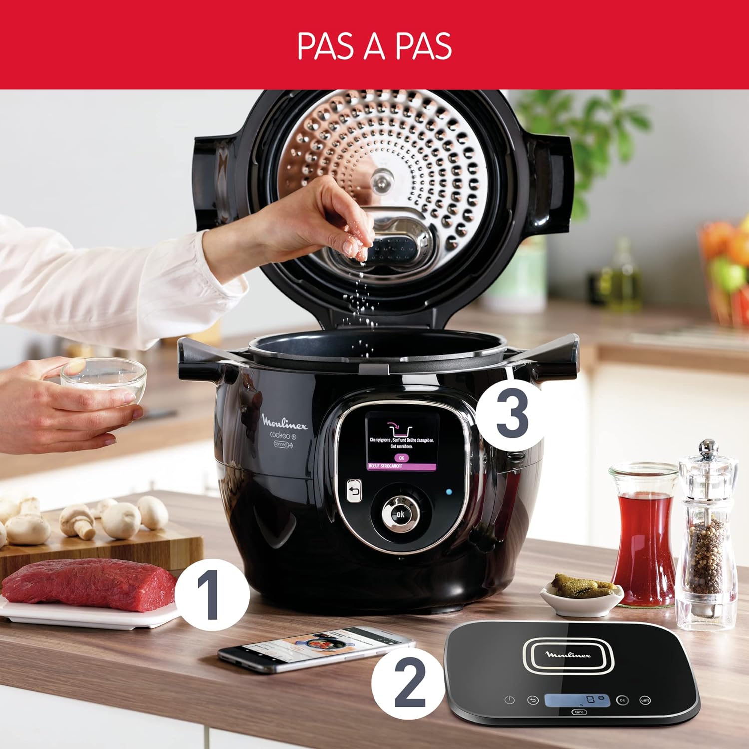 2026 Connect Multicuiseur Intelligent Haute Pression Balance et Moule Inclus 6L 200 Recettes 6 Modes de Cuisson Guide Pas à Pas Application Mon Cookeo CE859800, 6 liters, Noir