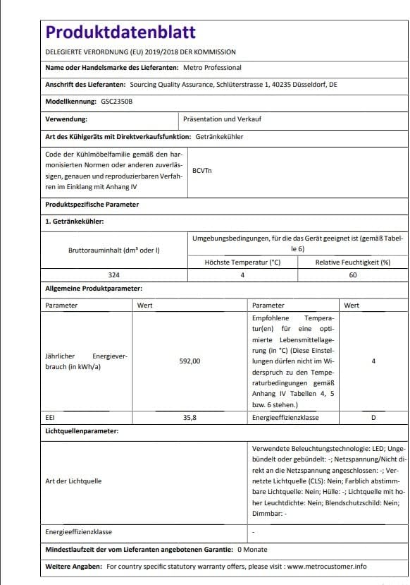 2026 METRO Professional Réfrigérateur à Boissons GSC2360B, Acier/Verre, 62 x 63.6 x 175.3 cm, 347 L, avec Serrure, Noir