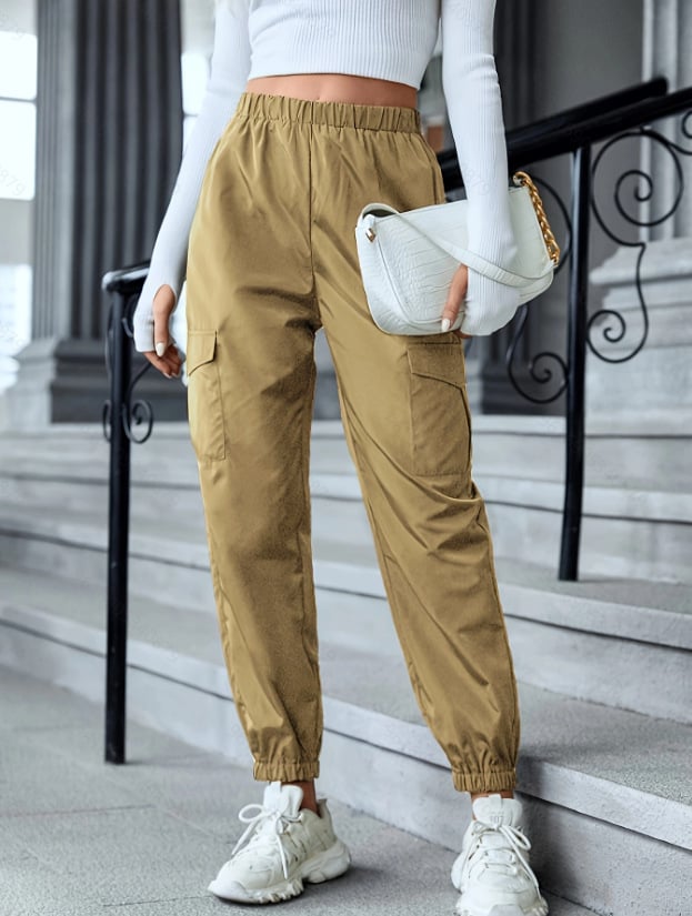 Pantalon décontracté cargo élastique waist coupe ajustée utility pour femme