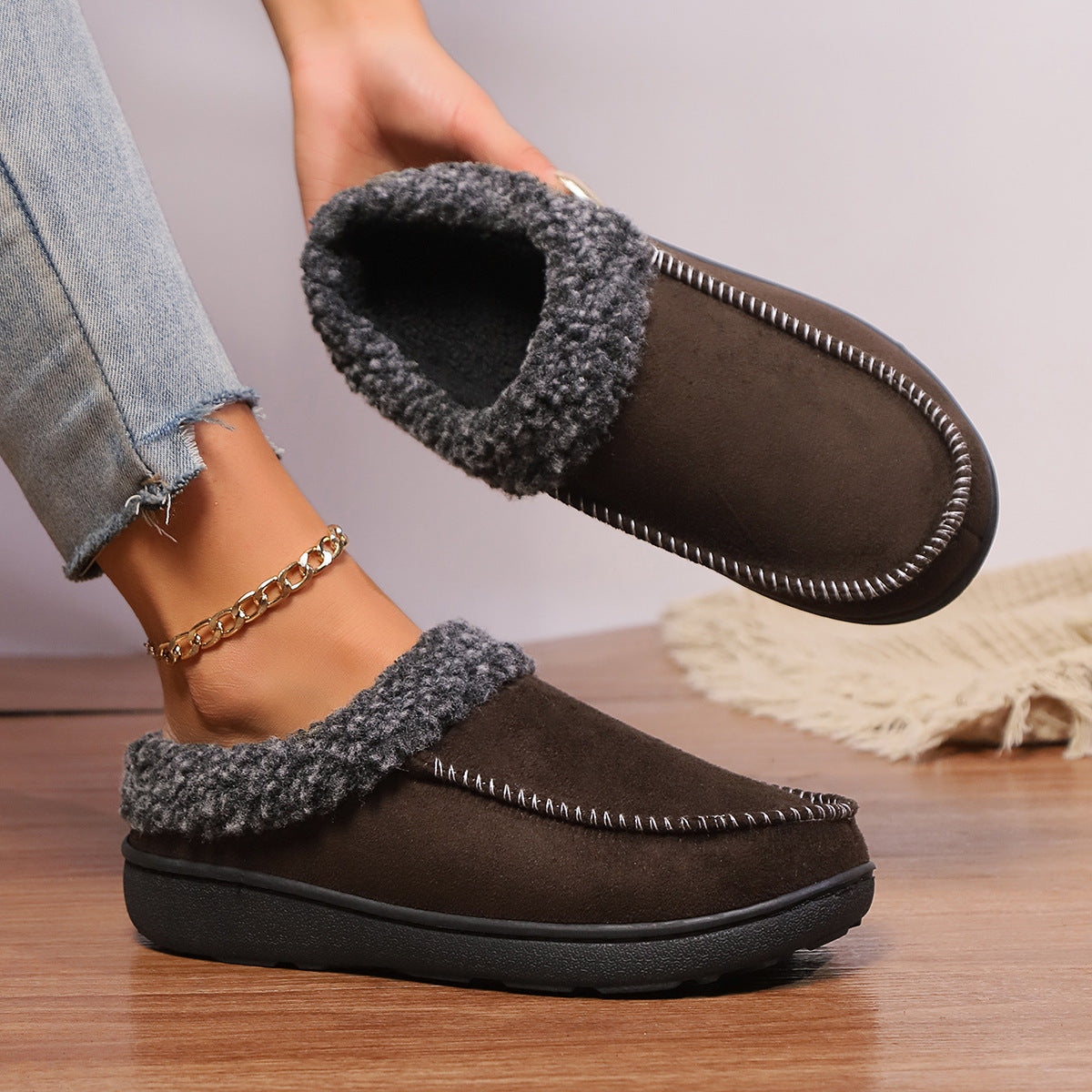 Chaussons douillet hiver doublé fourrure intérieur en coton chaud pour femme