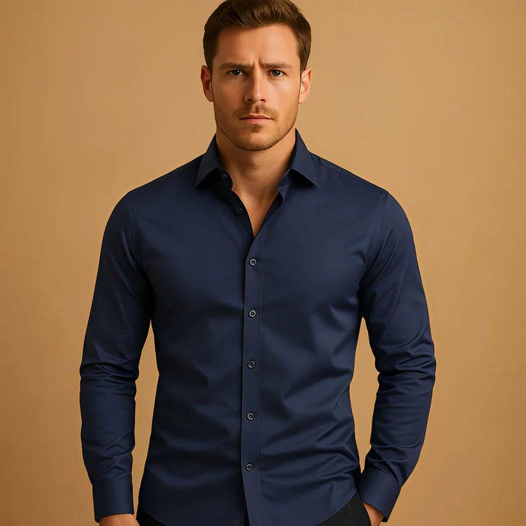 Men's solid color button-down long sleeve summer lapel shirt by LAKD, shown in a relaxed fit on a mannequin.