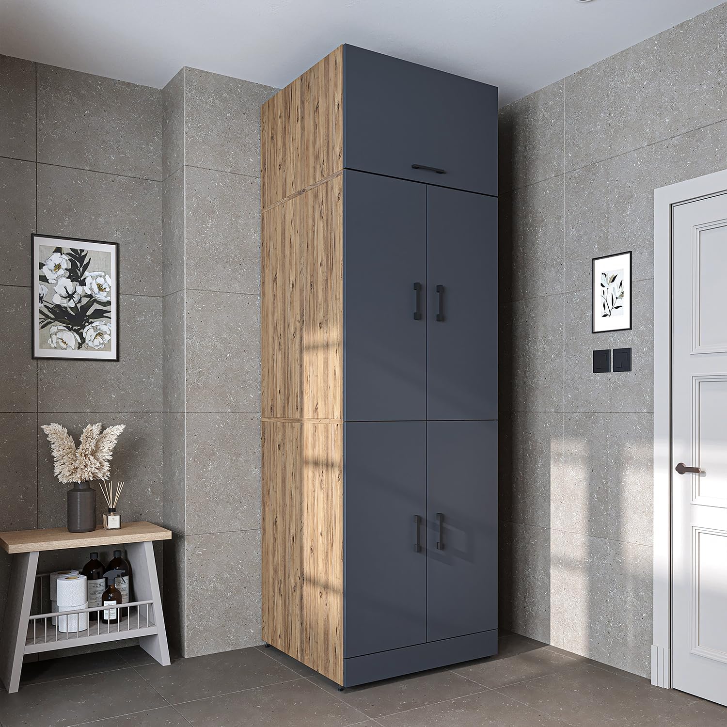 2026 ROOMART Dora Armoire de machine à laver, pour sèche-linge et machine à laver, en 4 couleurs, avec portes et planche coulissante (chêne anthracite)