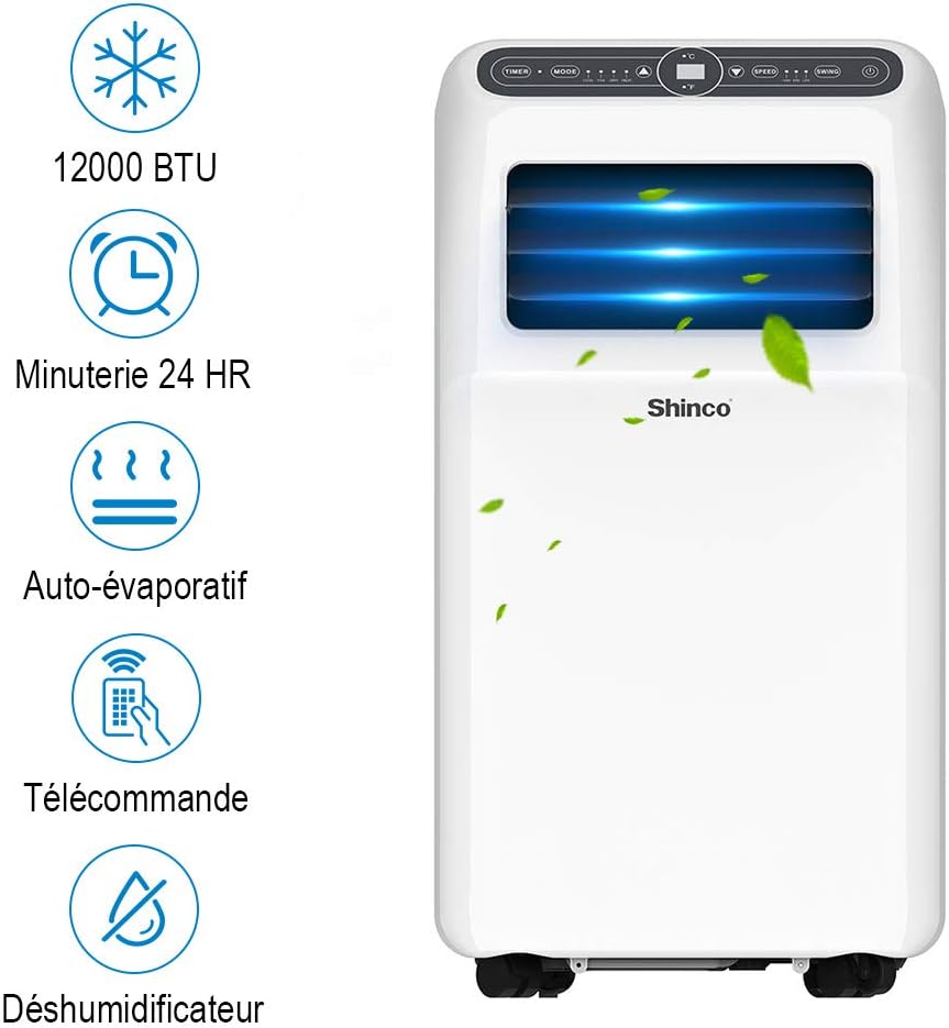 2026 SHINCO Climatiseur mobile, 7000 BTU 2,05kW, Refroidir&Ventilation&Déshumidification, taille de la pièce jusqu'à 54m³(18㎡), Climatiseur mobile avec tuyau d'évacuation et tuyau de vidange, mode sommeil
